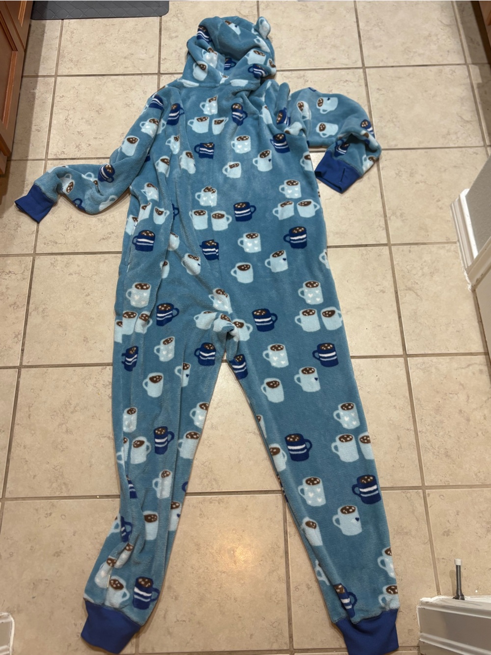 Munki Munki Ladies Plush Hooded One Piece Onesie Pajamas Blue Coffee Cup NWT - Picture 9 of 11